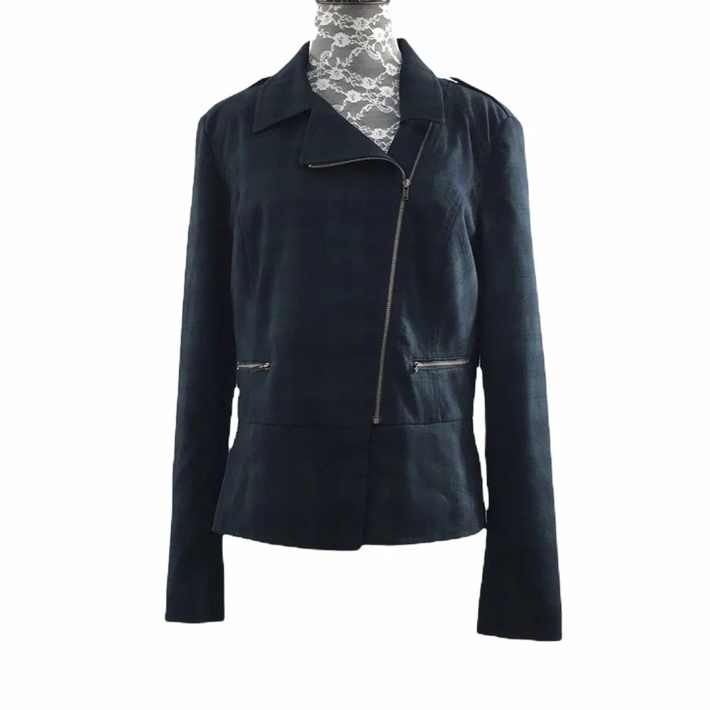 Cabi Hunter Green Navy Plaid Tartan Moto Zip Jacket Womens 8